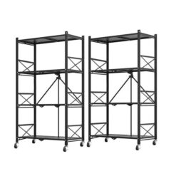 2 X 4 Tier Steel Black Foldable Display Stand Multi Functional Shelves Portable Storage Organizer With Wheels
