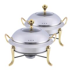 2 X Stainless Steel Gold Accents Round Buffet Chafing Dish Cater Food Warmer Chafer With Glass Top Lid