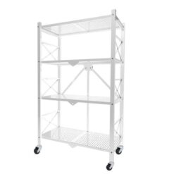 4 Tier Steel White Foldable Display Stand Multi Functional Shelves Portable Storage Organizer With Wheels