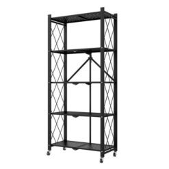 5 Tier Steel Black Foldable Kitchen Cart Multi Functional Shelves Portable Storage Organizer With Wheels