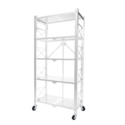 5 Tier Steel White Foldable Display Stand Multi Functional Shelves Portable Storage Organizer With Wheels