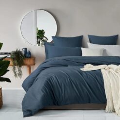 100% (3Pcs) Cotton Vintage Washed Bed Quilt Cover Set - Dark Indigo - King Size