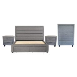 4 Pieces Storage Bedroom Suite Upholstery Fabric in Light Grey with Base Drawers Queen Size Oak Colour Bed, Bedside Table & Tallboy