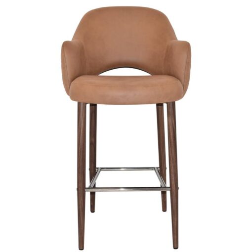 Albury Commercial Grade Pelle / Benito Fabric Bar Stool with Arm, Metal Leg, Tan / Light Walnut