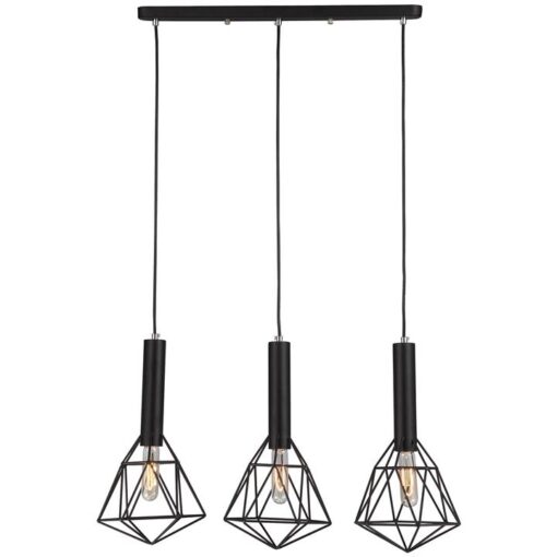Blackband Iron Caged 3 Light Cluster Pendant Light, Diamond, Black