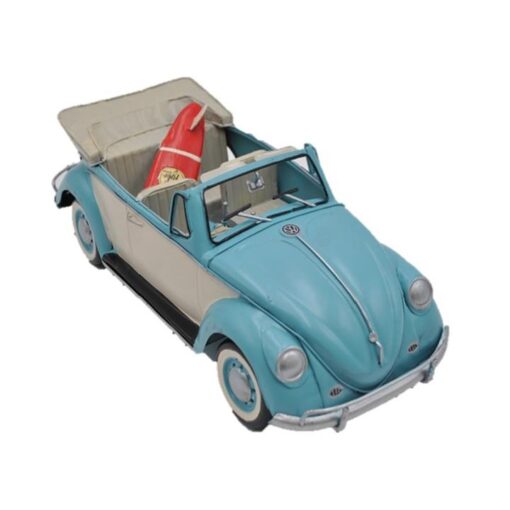Boutica Handmade Tin Volkswagen Beetle with Surfboard Model, Blue