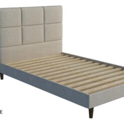 Boxy custom upholstered bed with choice of standard base