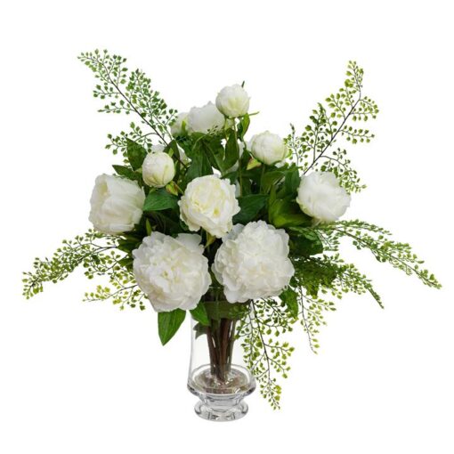 Bromore Artificial Peony & Maiden Fern Arrangement in Vase, 65cm