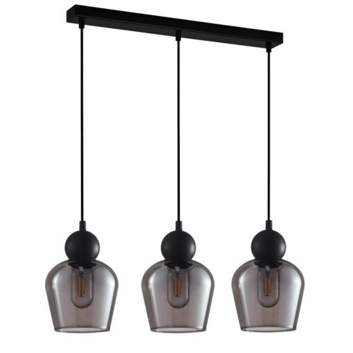 Champan Glass & Iron Bar Pendant Light, 3 Light, Black / Smoke