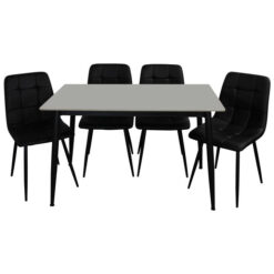 Erielle 5 Piece Sintered Stone & Steel Dining Table Set, 120cm, White Top with Black Faux Leather Erielle Chairs