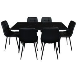 Erielle 5 Piece Sintered Stone & Steel Dining Table Set, 150cm, Black Top with Black Faux Leather Erielle Chairs