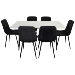 Erielle 5 Piece Sintered Stone & Steel Dining Table Set, 150cm, White Top with Black Velvet Erielle Chairs