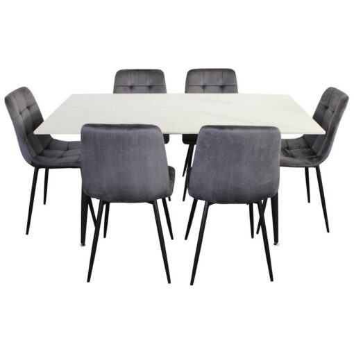 Erielle 5 Piece Sintered Stone & Steel Dining Table Set, 150cm, White Top with Grey Velvet Erielle Chairs