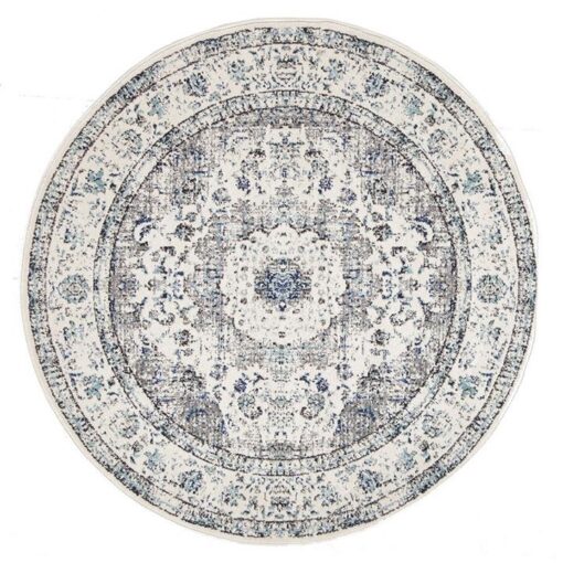 Evoke Mist Turkish Made Oriental Round Rug, 150cm, White