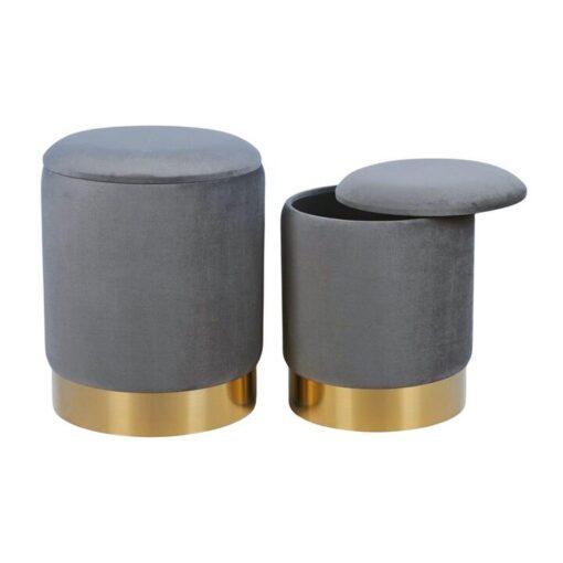 Jorlie 2 Piece Velvet Fabric Round Storage Ottoman Stool Set, Grey