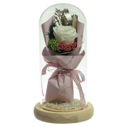 Laya Artificial Rose Bouquet in Dome with Light, Cream Flower