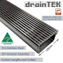 Outdoor Heavy Vehicle Rated Drainage Channel - Tray and Grate - Wedge Wire / Heel Guard Style - 120mm Wide