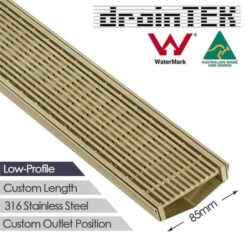 Outdoor Low Profile Linear Grate - Wedge Wire / Heel Guard Style 3mm Gaps - 85mm - Brass Finish - Custom Length and Outlet