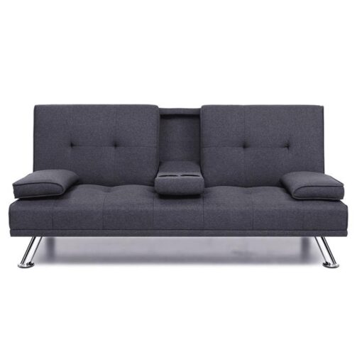 Paris Linen Fabric 3 Seater Sofa Bed Recliner Lounge Couch Cup Holder Futon Dark Grey