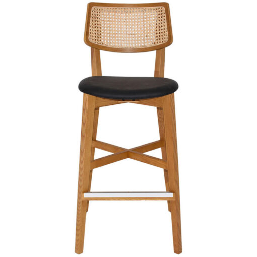 Phoenix Commercial Grade Ash Wood & Rattan Bar Stool, Vinyl Seat, Light Oak