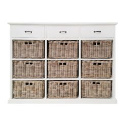 Rosslyn Mahogany Timber & Rattan Basket Storage Chest, 3x3 Baskets