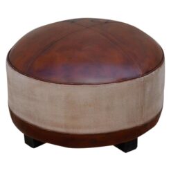 Santiago Hand Crafted Leather & Canvas Round Ottoman with Timber Legs