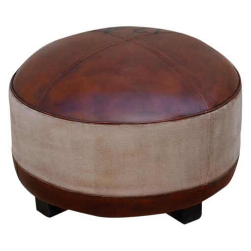 Santiago Hand Crafted Leather & Canvas Round Ottoman with Timber Legs