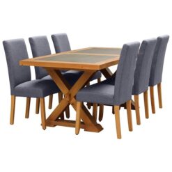 Sefton 9 Piece Concrete Top Pine Timber Trestle Dining Table Set, 210cm, Light Grey Arwen Chair