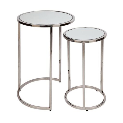 Serene 2 Piece Mirror & Stainless Steel Round Nesting Side Table Set, Nickel