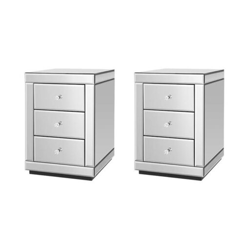 Set of 2 Bedside Table 3 Drawers Mirrored Glass - PRESIA Silver