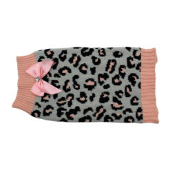 Zeez Knitted Leopard Print Dog Sweater With Bow Grey/Pink 1 X Large