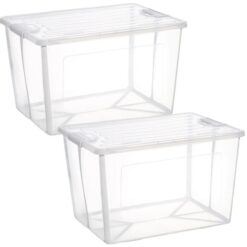 2x 57 Litre Modular Clear Foldable Storage Box with Lid Plastic Tub Collapsible