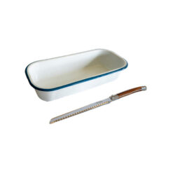 Laguiole Silhouette 2 Piece Enamel Loaf Tin & Bread Knife Set, Small, Natural