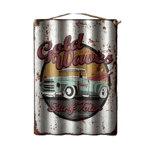 Retro Tin Corrugated Wall Plaque, Gold Waves