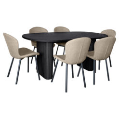 Felna 7 Piece Wooden Dining Table Set, 180cm, Black with Ivory Fabric Arla Chairs
