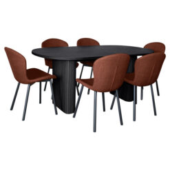 Felna 7 Piece Wooden Dining Table Set, 180cm, Black with Russet Fabric Arla Chairs