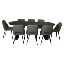 Felna 9 Piece Wooden Dining Table Set, 220cm, Black with Olive Fabric Lira Chairs