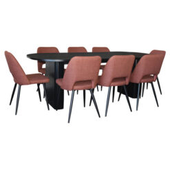 Felna 9 Piece Wooden Dining Table Set, 220cm, Black with Russet Fabric Lira Chairs