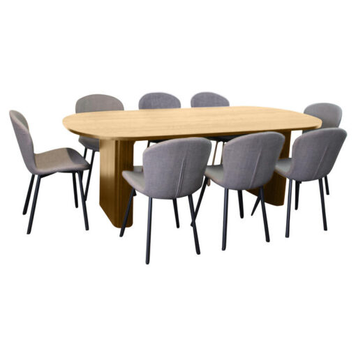 Felna 9 Piece Wooden Dining Table Set, 220cm, Natural with Grey Fabric Arla Chairs