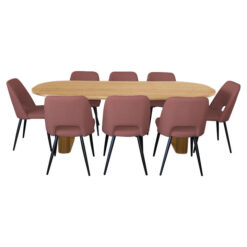 Felna 9 Piece Wooden Dining Table Set, 220cm, Natural with Russet Fabric Lira Chairs