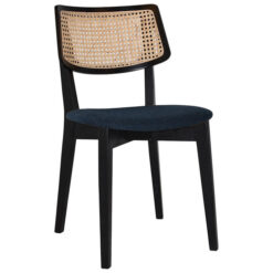 Phoenix Commercial Grade Timber Dining Chair, Rattan Back & Gravity Fabric Seat, Black / Navy