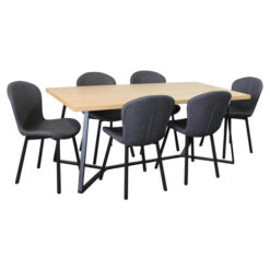 Serenzo 7 Piece Wood & Steel Dining Table Set, 180cm, with Charcoal Fabric Arla Chairs