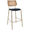 Texas Commercial Grade Stainless Steel Bar Stool, Rattan Back & Gravity Fabric Seat, Light Oak / Brass / Navy