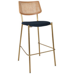 Texas Commercial Grade Stainless Steel Bar Stool, Rattan Back & Gravity Fabric Seat, Natural / Brass / Navy