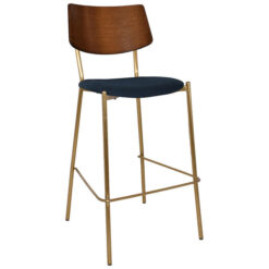 Texas Commercial Grade Stainless Steel Bar Stool, Timber Back & Gravity Fabric Seat, Light Walnut / Brass / Navy