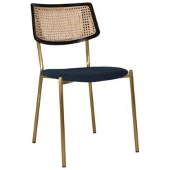 Texas Commercial Grade Stainless Steel Dining Chair, Rattan Back & Gravity Fabric Seat, Black / Brass / Navy