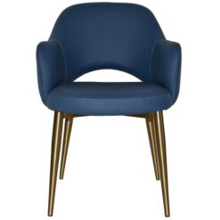 Albury Commercial Grade Vinyl Dining Armchair, Slim Metal Leg, Blue / Brass
