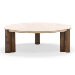 Amaya Travertine & Oak Timber Round Coffee Table, 110cm