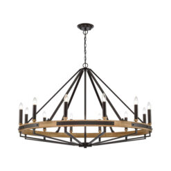 Funale Wood & Iron Candelabra Pendant Light, 12 Light, Natural / Bronze