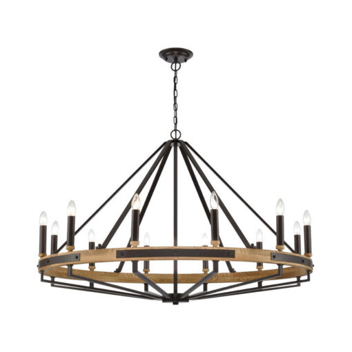 Funale Wood & Iron Candelabra Pendant Light, 12 Light, Natural / Bronze